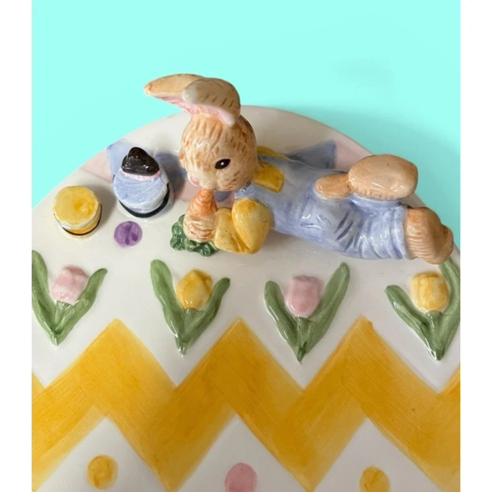 Fitz & Floyd Omnibus Eggspress Bunny‎ Rabbit Plate Cup Set Pastel Spring Vintage